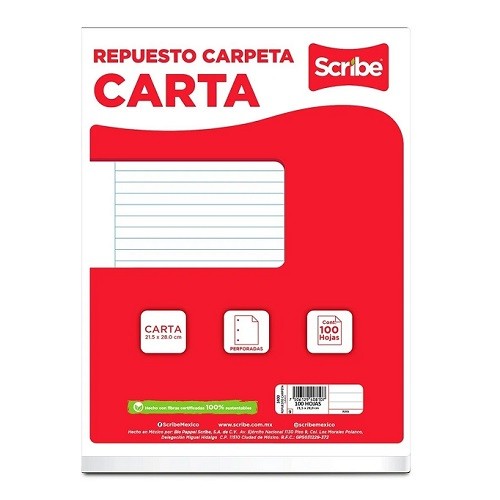 HOJA DE REPUESTO PARA CARPETA CARTA 100H-SCRIBE-HOJA P/CARPETA