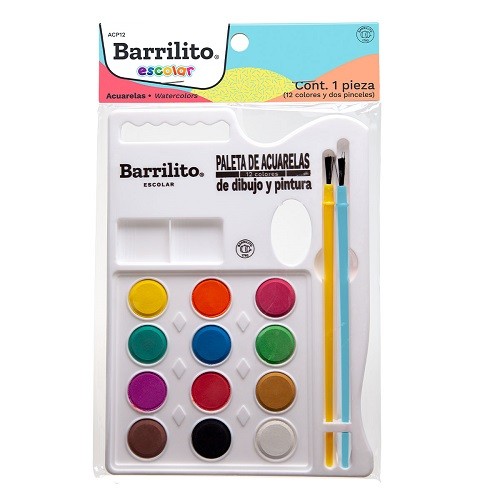ACUARELA 12 COLORES CON PALETA DE PLASTICO Y 2 PINCELES-BARRILITO-ACUARELA