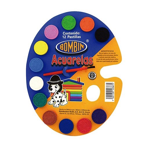 ACUARELA CARTON 12 PASTILLAS-BOMBIN-PINTURA ESCOLAR