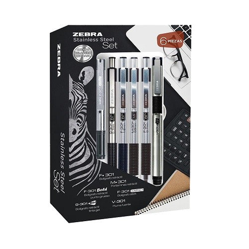 SET DE ESCRITURA STAINLESS STELL 6PZ-ZEBRA-BOLIGRAFO